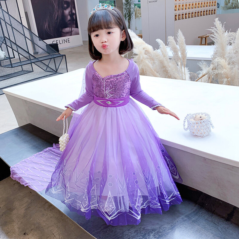 Prinses Cosplay Elsa Led Dress Frozen 2 Meisjes Cosplay Pailletten Fancy Kostuum Paarse Baljurk Kerst Verjaardagsfeest Kleding