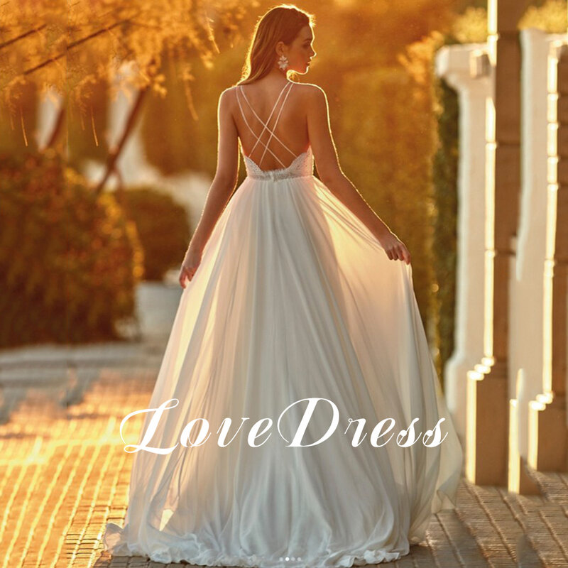 Женское свадебное платье в стиле бохо, шифоновое пляжное платье-трапеция с V-образным вырезом, разрезом сбоку, открытой спиной и кружевом, а-силуэт