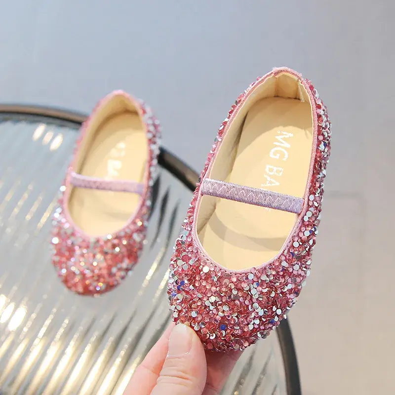 Girls Crystal Shoes for Wedding Party Bling Shiny Glitter Flats Kids Dress Shoes Children Leather Shoes Princess Sweet Soft New