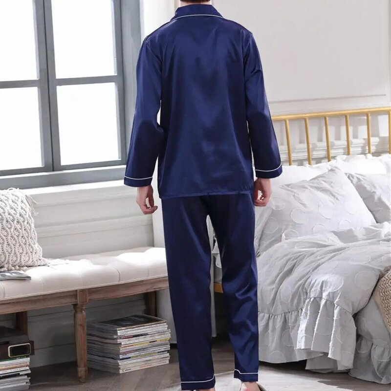 Conjunto de pijama de duas peças de cetim masculino, bolso de lapela, roupa de perna larga macia para pijamas outono e primavera