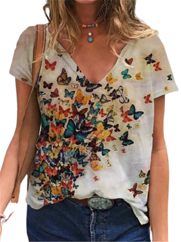 Letnie koszulka z dekoltem w serek moda uliczna modne bluzki z krótkim rękawem w kwiaty z nadrukiem na pół rękawa luźna wygodna bawełniana odzież