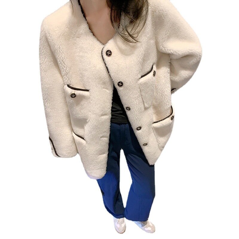 Женское шерстяное пальто, Корейская версия, в стиле знаменитостей, шерстяное меховое интегрированное пальто из овечьей шерсти средней и длины, флисовое пальто в новом стиле