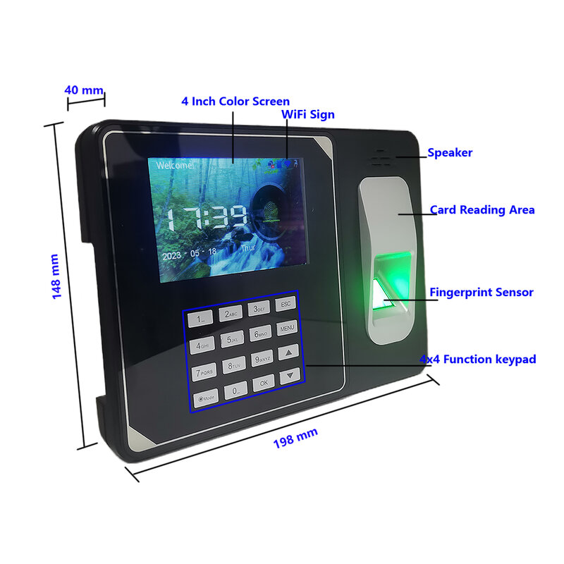 WiFi 4000 mAh akumulator biometryczny rejestrator zegar ze skanerem linii papilarnych obecności pracownika elektroniczny palec i czas obecności karty