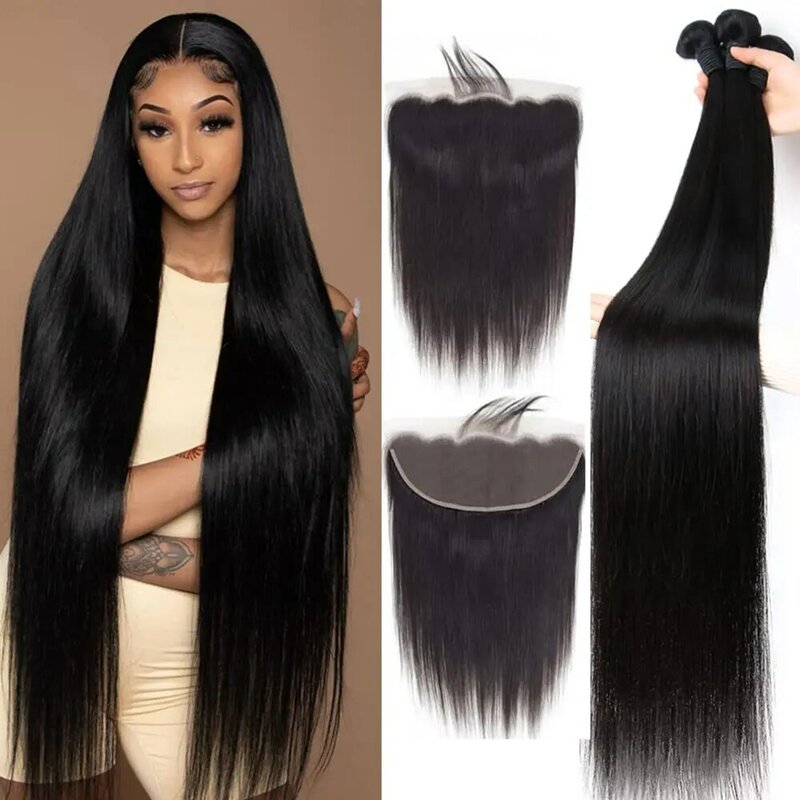 28 30 32 Inch Bone Straight 3 Bundles with 13x4 Transparent Lace Closure Front Brazilian Virgin Human Hair Extensions for Women
