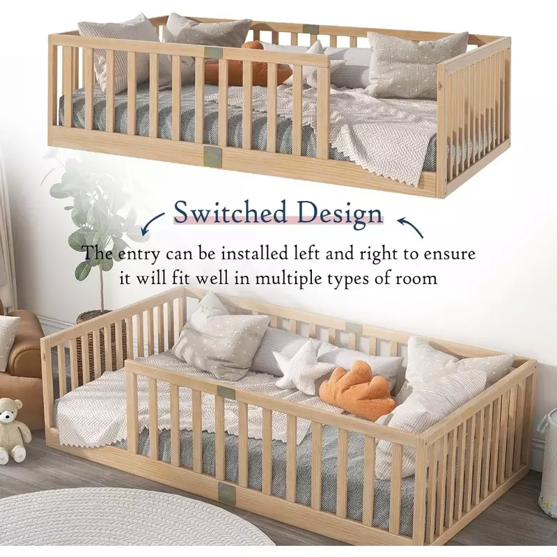 Twin beds with safety rails, children's Montessori floor beds, wooden children's floor bed frames