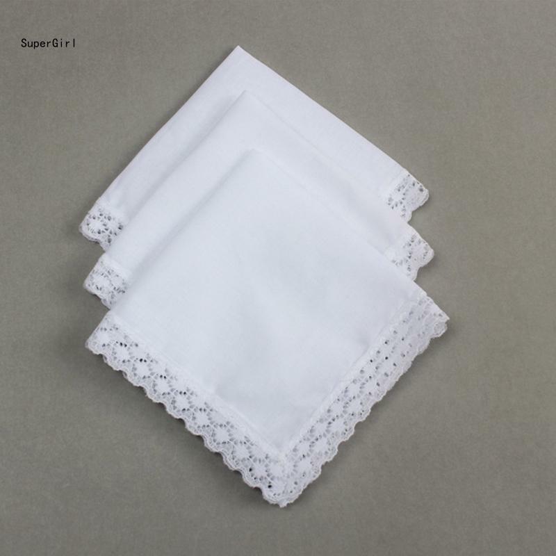 Khăn tay trắng dành cho người lớn Cotton Viền ren siêu mềm có thể giặt được Hanky ​​DIY Tiếp liệu J78E