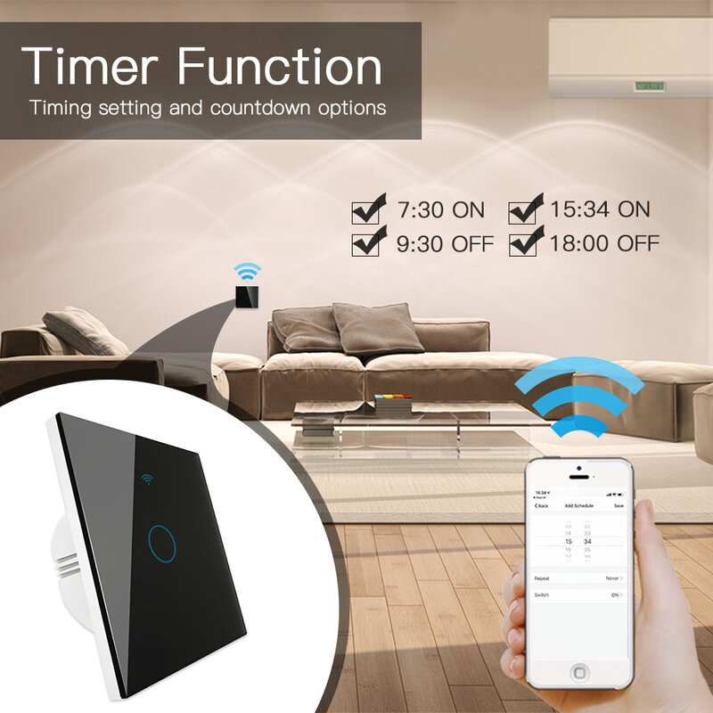 WiFi RF433 Transmitter Wall Panel Smart Glass Panel Touch Switch 1/2/3 Gang Remote Control Switch Works with Alexa, Google Home
