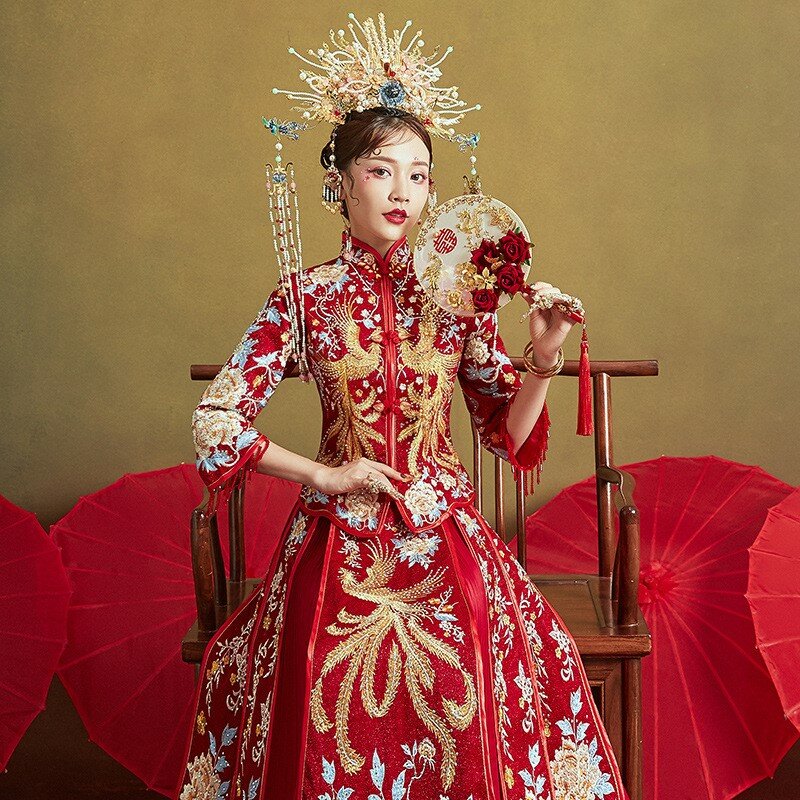 Neues Drachen-und Phönix kleid im chinesischen Stil Falten rock plus Größe Anzug
