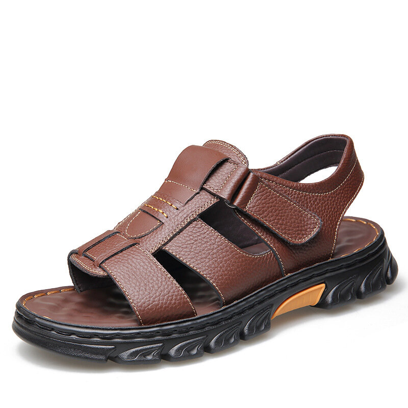 Sandálias de couro de sola grossa masculinas, sapatos de praia, chinelos de couro antiderrapantes, ao ar livre, novo, 2024