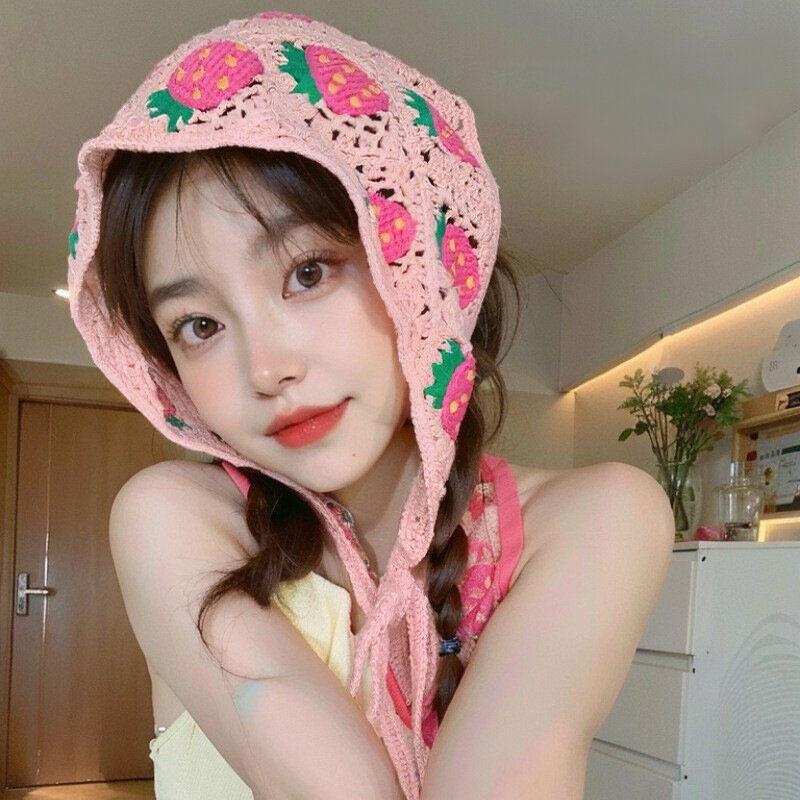 Korean Ins Hollow Triangle Scarf Cute Little Mushroom Cherry Hairband Hand-Crocheted Japanese Bandage Hood Headbands