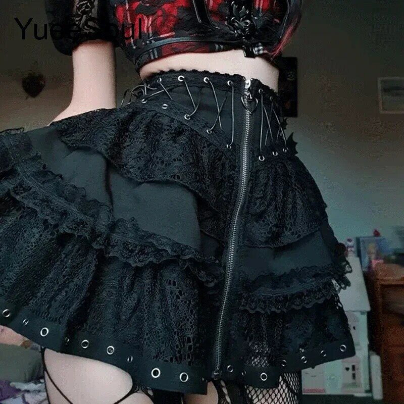 Gotycka krótka spódniczka czarna damska spódnica z wysokim stanem 2024 nowa w stylu Y2k Harajuku Punk Goth Dark Grunge Streetwear ubrania damskie