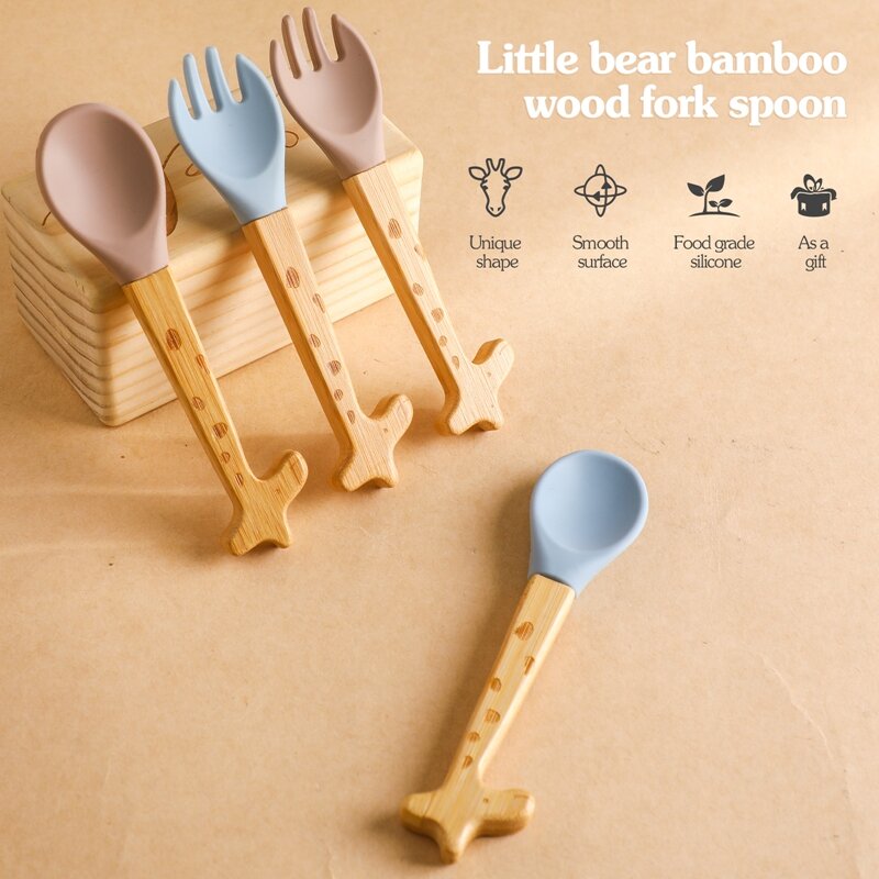Baby Bamboo Wooden Feeding Spoon, Toddlers Infant Feeding Accessories, Bamboo Fork, BPA Free, Organic Food Grade Gift, 2pcs