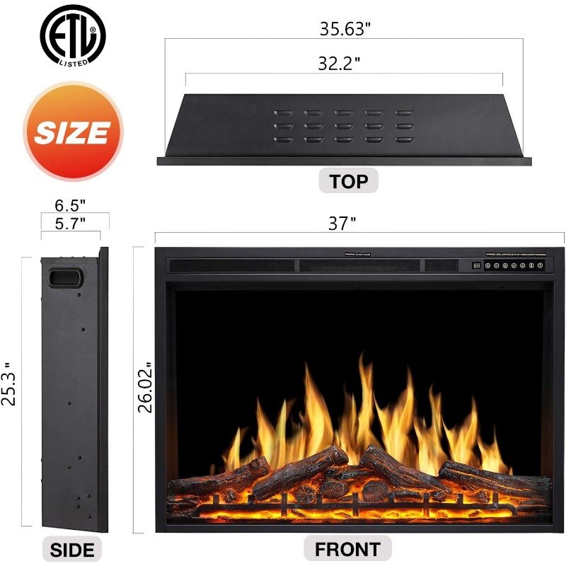 R.W.FLAME Electric Fireplace Insert 37Inch with Adjuatble Flame Colors, Log Colors, Flame Speed and Brightness, Remote Control