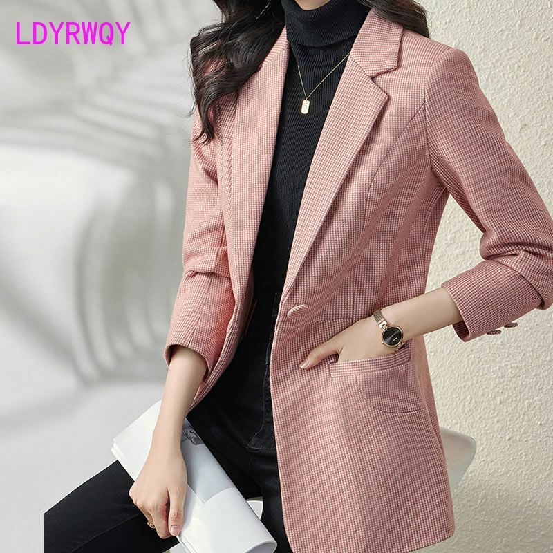 Blazer feminino slim houndstooth, terno rosa pequeno, temperamento fashion, novo estilo, 2023