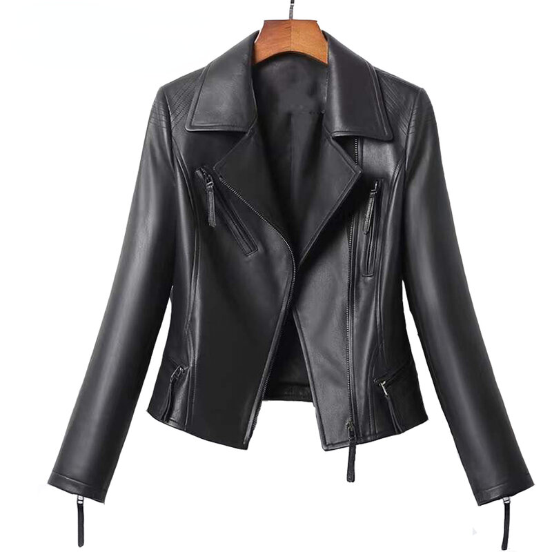 Tcyeek-Casaco de couro de carneiro genuíno para mulheres, jaqueta de couro 100% natural, jaquetas curtas pretas para motocicleta, 5XL, 2023, RZBY2280