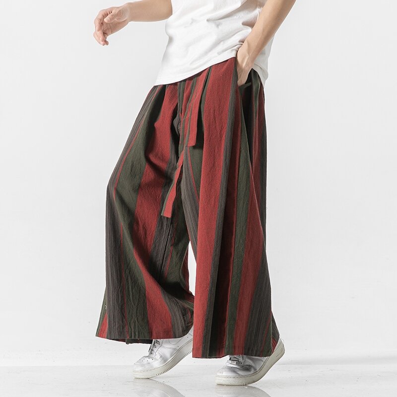 Брюки мужские полосатые с широкими штанинами, хлопково-льняные брюки с широкими штанинами, в китайском ретро стиле, повседневное бриджи, пальпальская одежда, джоггеры