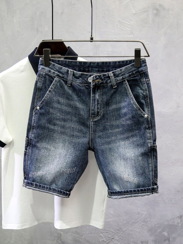 New Summer Men's Jeans Slim Shorts Korean Style Trendy Casual Fashion Scratched Workwear Capri Shorts Luxury Brand Men Jeans