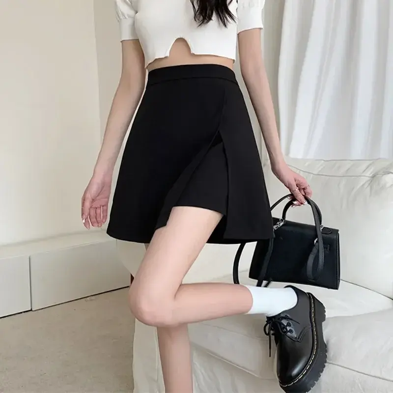 Kobiety z wysokim stanem Mini spódnice z rozcięciem moda na lato Slim kobiece Mini garnitur spódnice Y2K Casual wszystkie pasujące koreańskie małe spódnice