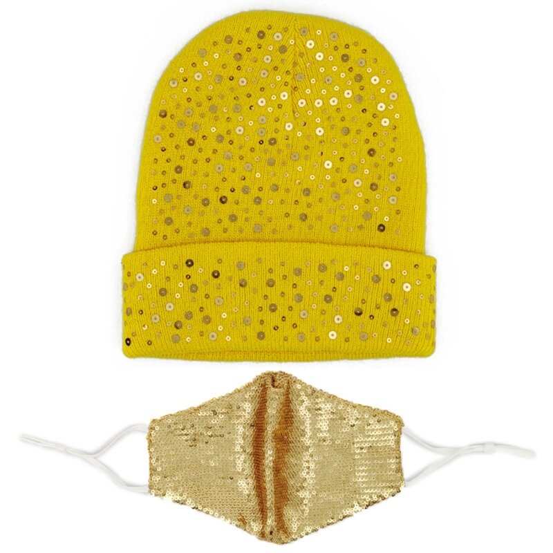 Унисекс, 2 шт., однотонная вязаная шапка-бини с блестками и блестками, с набором масок для лица
