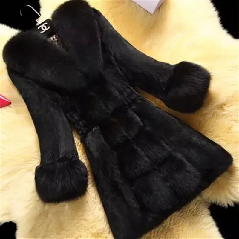 Chaqueta de pelo de conejo de imitación para mujer, abrigo elegante de piel falsa, ropa femenina, abrigo delgado y cálido de longitud media, moda coreana, Invierno 2023