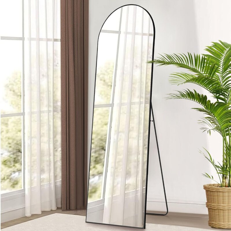 OLIXIS-Espelho arqueado do comprimento total para o quarto, espelho completo do corpo com suporte, liga de alumínio, quadro fino, assoalho estando, 64 "x 21"