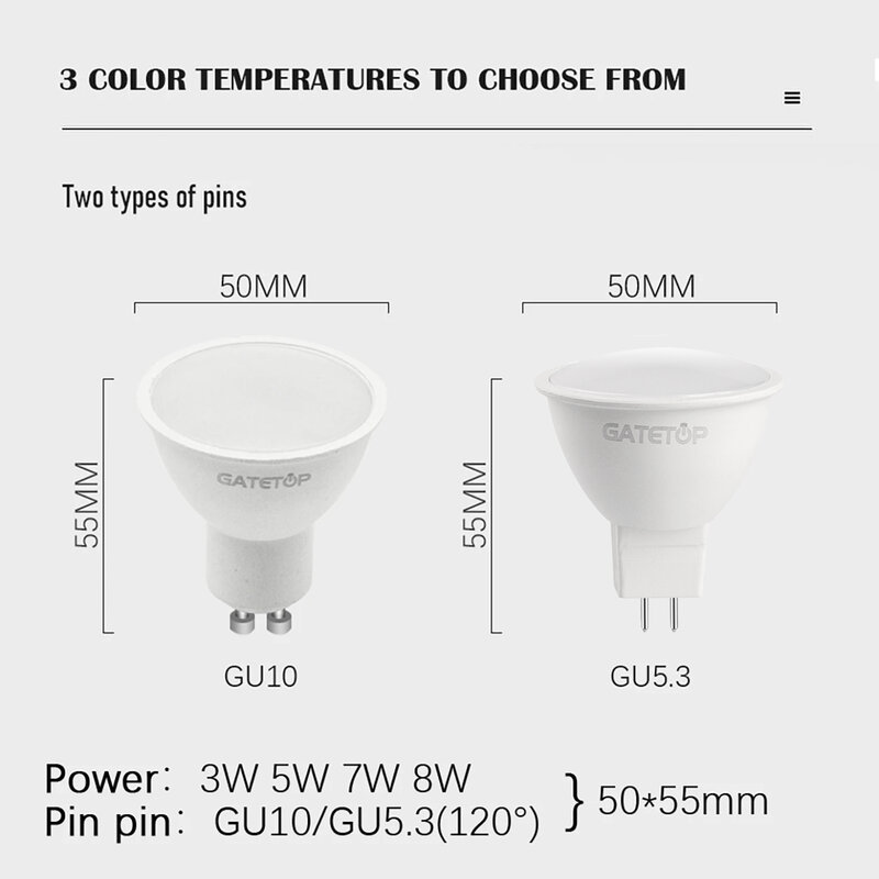 Gu10 mr16 gu5.3 LED電球,38 /120度スポットライト,220V,3/5/6/7/8W,1〜10個。