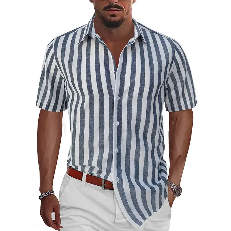 Camisa listrada de manga curta masculina, estilo havaiano, gola virada para baixo com tudo, cardigã casual, camisas soltas para férias, verão, 5XL
