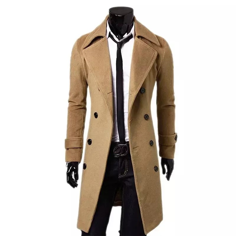 Męski dwurzędowy trencz 2024 jesienno-zimowy mieszanka wełny wysokiej jakości moda Casual Slim Fit jednokolorowa kurtka płaszcz męski