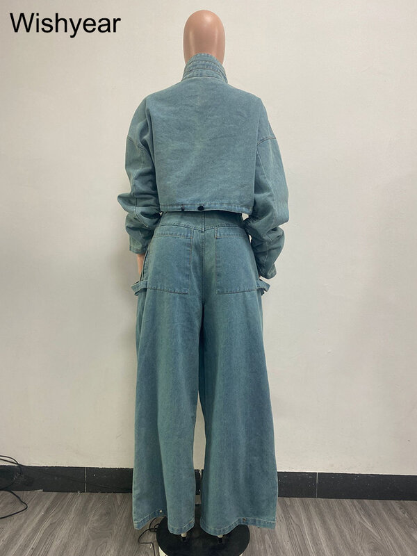 Denim Stand Collar Long Sleeve Jackets Crop Top and Pockets Wide Leg Cargo Pants Two Piece Set Women Street Loose Jeans Outfits