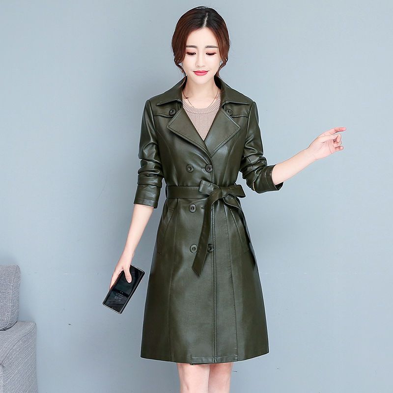2023 Autumn Winter New Women Mid-Length Leather Coat Slim Fit Lapel Large Size Outcoat Female Temperament Leisure Warm Outwear