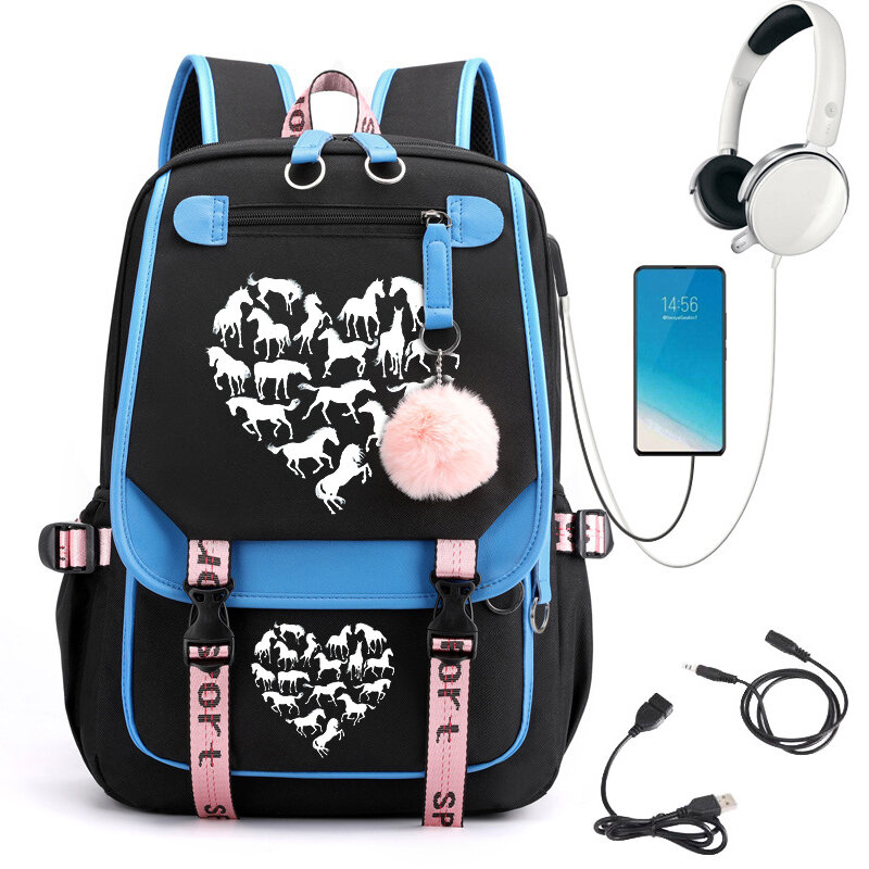 Mochila escolar de Anime de corazón de caballo para niñas, mochila grande para estudiantes de secundaria, bolsas de dibujos animados, mochilas Usb