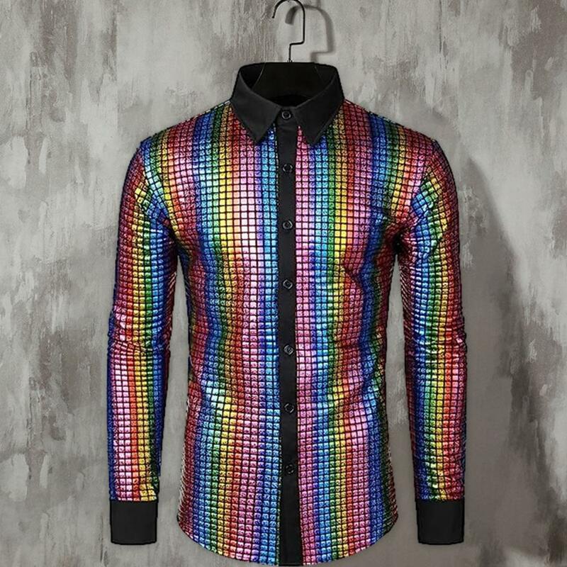 Men Shirt Sparkling Sequin Men's Shirts for Club Dance Stage Performances Stand Collar Single-breasted Long Sleeve Vintage Tops