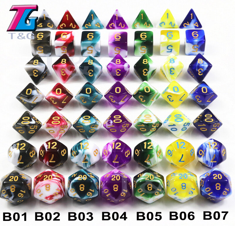 Multi-Sides Polyhedral Dice para Jogo de Tabuleiro, TRPG, DNDGame Jogos, D4, D6, D8, D10, D12, D20, 7Pc Set