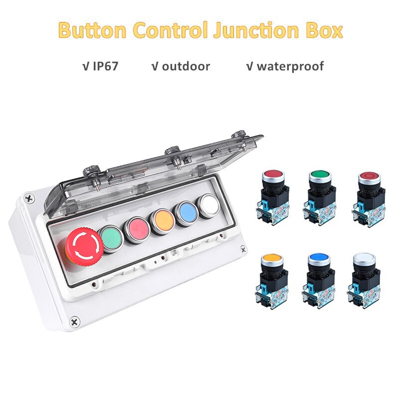 6 interruptores de botón de reajuste automático, Caja impermeable para exteriores IP67 con cubierta de ventana protectora transparente Visible, parada de emergencia