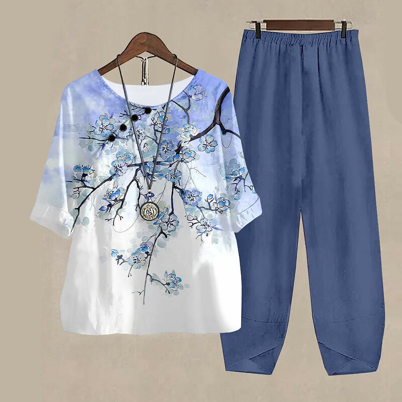 New Two Piece Sets Flower Print Tops Women O Neck Short Sleeve Suit Vintage High Waist Pants  Elegant Female Outfits Fall Summer