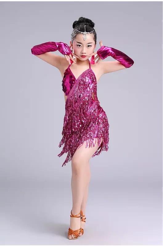 Strój do tańca latynoskiego dla dzieci kostium dla dziewcząt konkurs grupowy ćwicz ubrania z cekinami suknie na konkurs tańca towarzyskiego