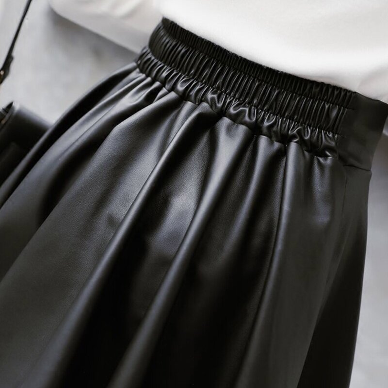 Женская осенняя эластичная короткая юбка трапециевидной формы из искусственной кожи с высокой талией, однотонная плиссированная