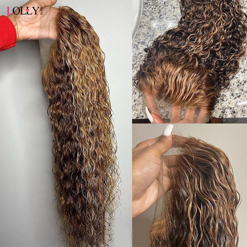 Lolly-Peluca de cabello humano con ondas profundas para mujer, postizo de encaje frontal, color rubio miel degradado 13x4, brasileño