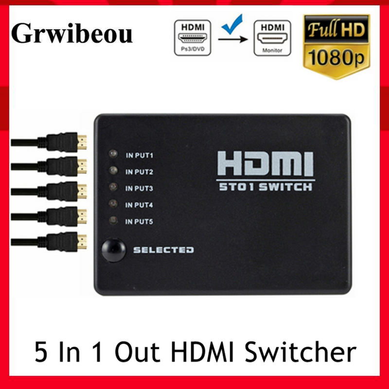 Grwibeou 5 Port HDMI Switch HD 1080P Selector Splitter Hub dengan IR Remote Control untuk HDTV DVD BOX HDMI Switcher 5 In 1 Out