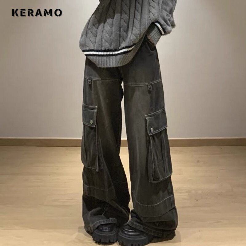 Calças jeans largas retrô de perna larga feminina, Harajuku, cintura alta, jeans soltos, estética, calça de bolso monocromática, casual, verão, 2024
