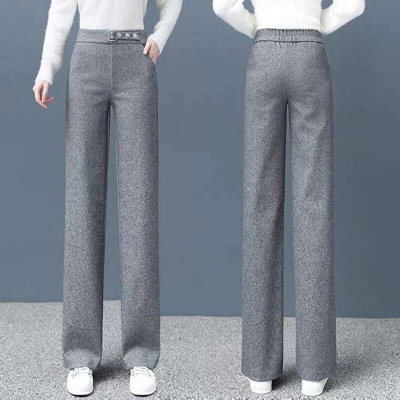 Perna larga woollen calças femininas para as mulheres 2022 primavera outono cintura alta flacidez sensação solta moda em linha reta calças casuais