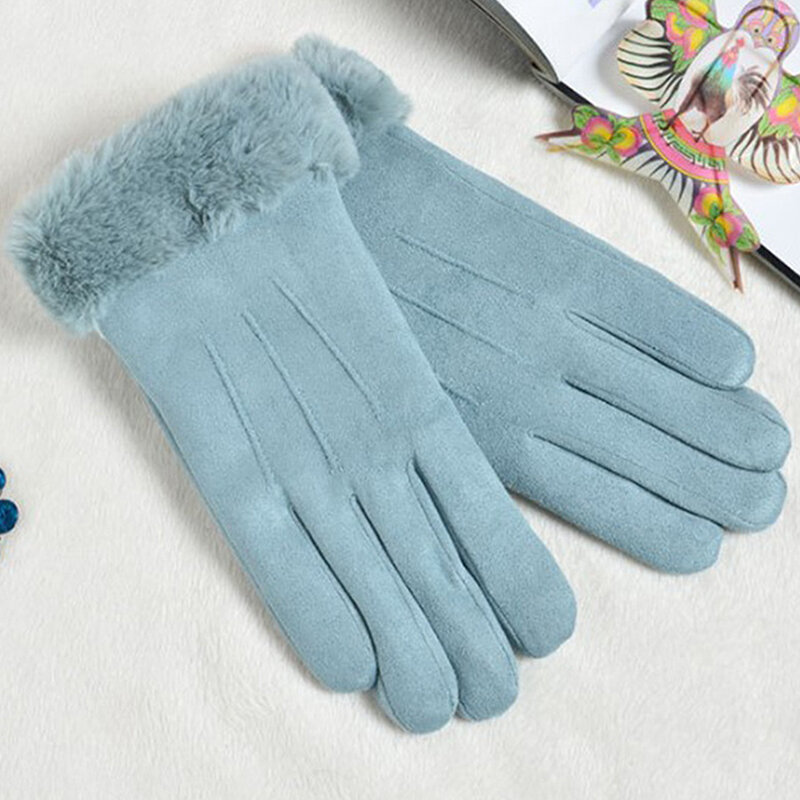 Winter Female Cashmere Warm Suede Leather Cycling Mittens Thick Velvet Plush Wrist Women Touch Screen Driving Gloves