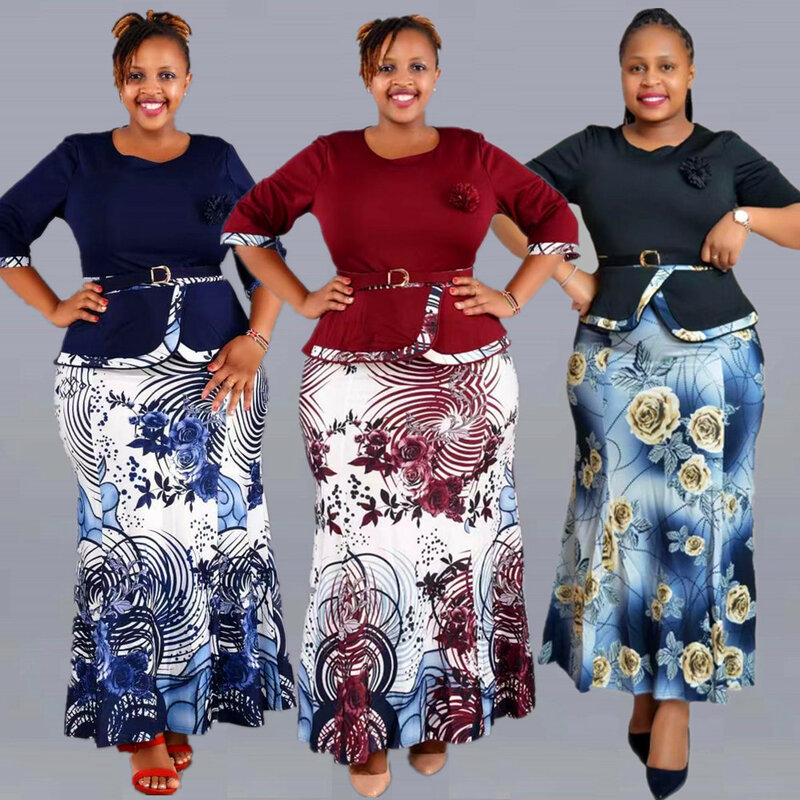 2XL-6XL Atasan dan Rok Panjang Set Dua Potong Natal Baju Afrika untuk Wanita Pakaian Ukuran Plus Setelan Pesta Wanita Jubah Dashiki