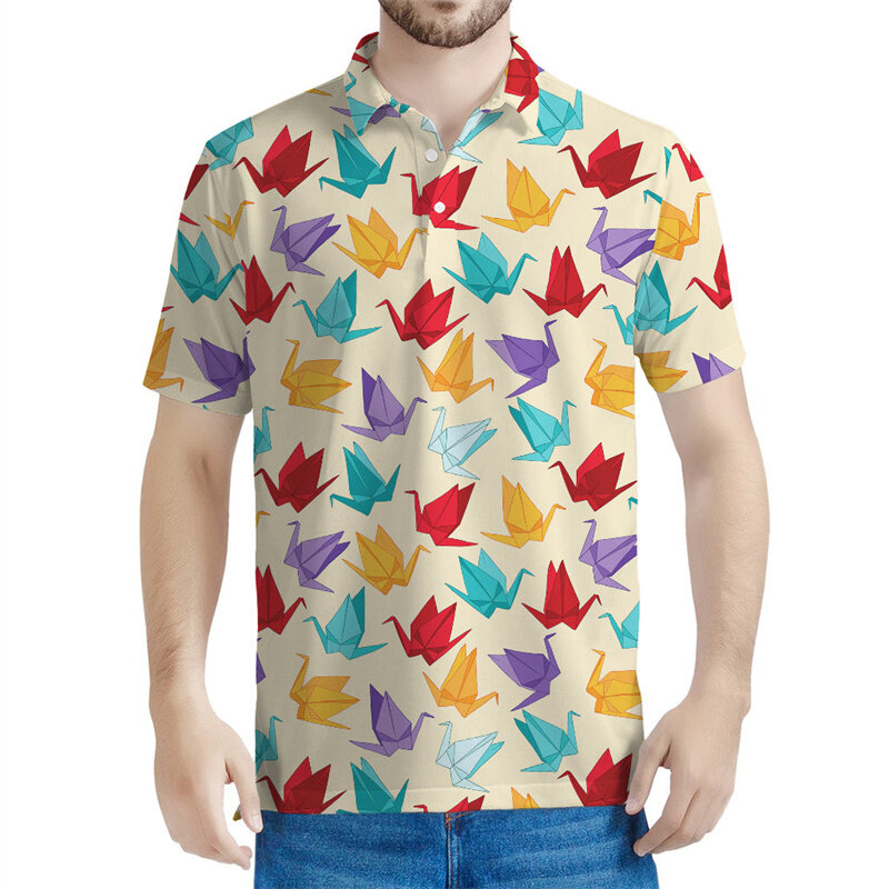 Polo à motif d'oiseau origami coloré pour hommes, t-shirt imprimé en 3D, t-shirt à revers décontracté, manches courtes, été