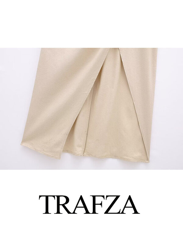 TRAFZA-Vestido feminino sem costas, elegante dobras sólidas, vestidos longos divididos, todo o jogo, moda casual feminina, verão, 2024