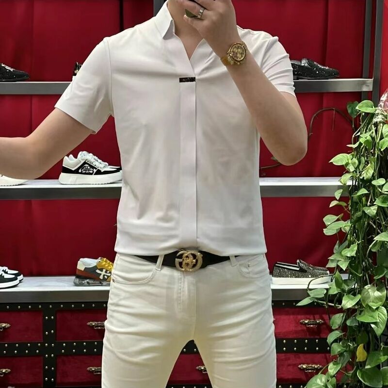 Рубашка мужская приталенная с коротким рукавом, модная уличная одежда в деловом стиле, универсальный топ с тонким лацканом, в стиле смарт-кэжуал, в Корейском стиле, лето