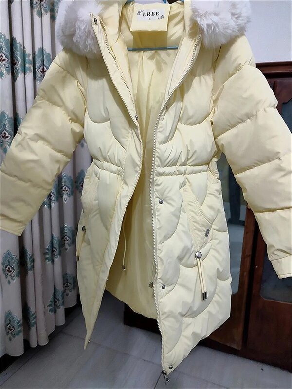Gola de pele sintética parkas com capuz feminino, casaco frio, cordão na cintura, jaquetas acolchoadas, comprimento midi, moda coreana, magro, neve, inverno