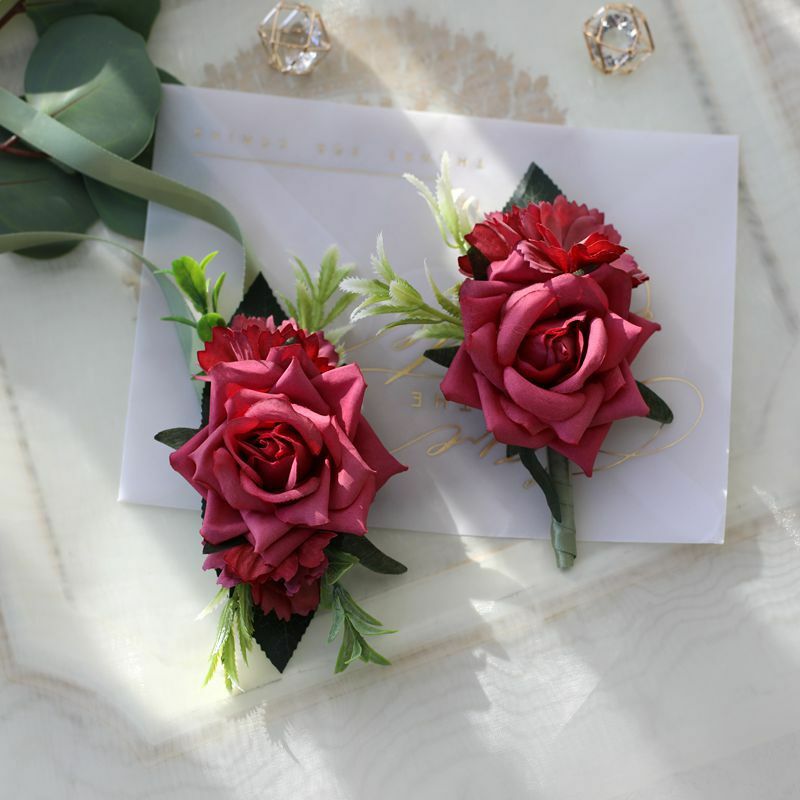Boutonniere gelang tangan korsase, gelang Aksesori pernikahan untuk pengiring pengantin pesta bunga mawar sutra, gelang Prom