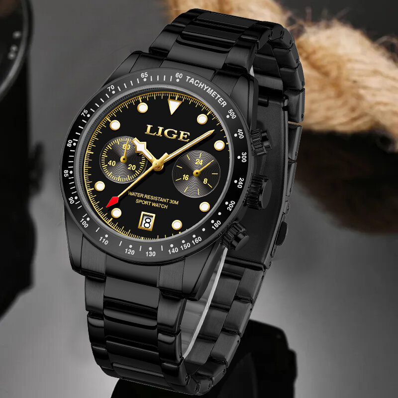 LIGE jam tangan kuarsa untuk pria, arloji bisnis baja tahan karat kasual modis dengan tanggal untuk pria