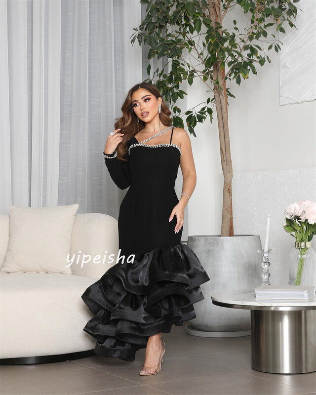 Jersey Rhinestone Handmade Flower Tiered Prom A-line One-shoulder Bespoke Occasion Gown Midi Dresses